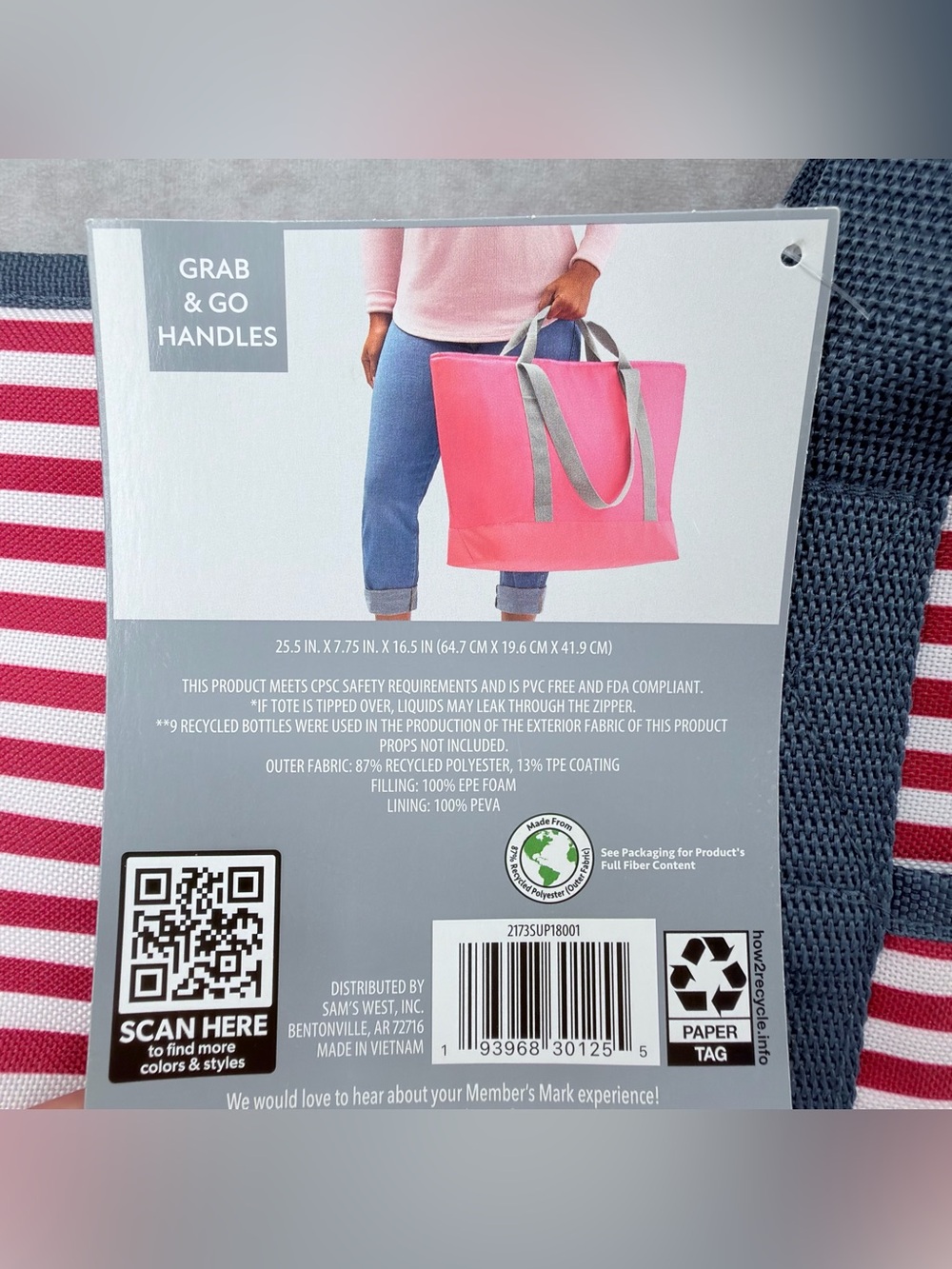 Member's Mark Striped Red & White Tote with Navy Base - Picture 5 of 7